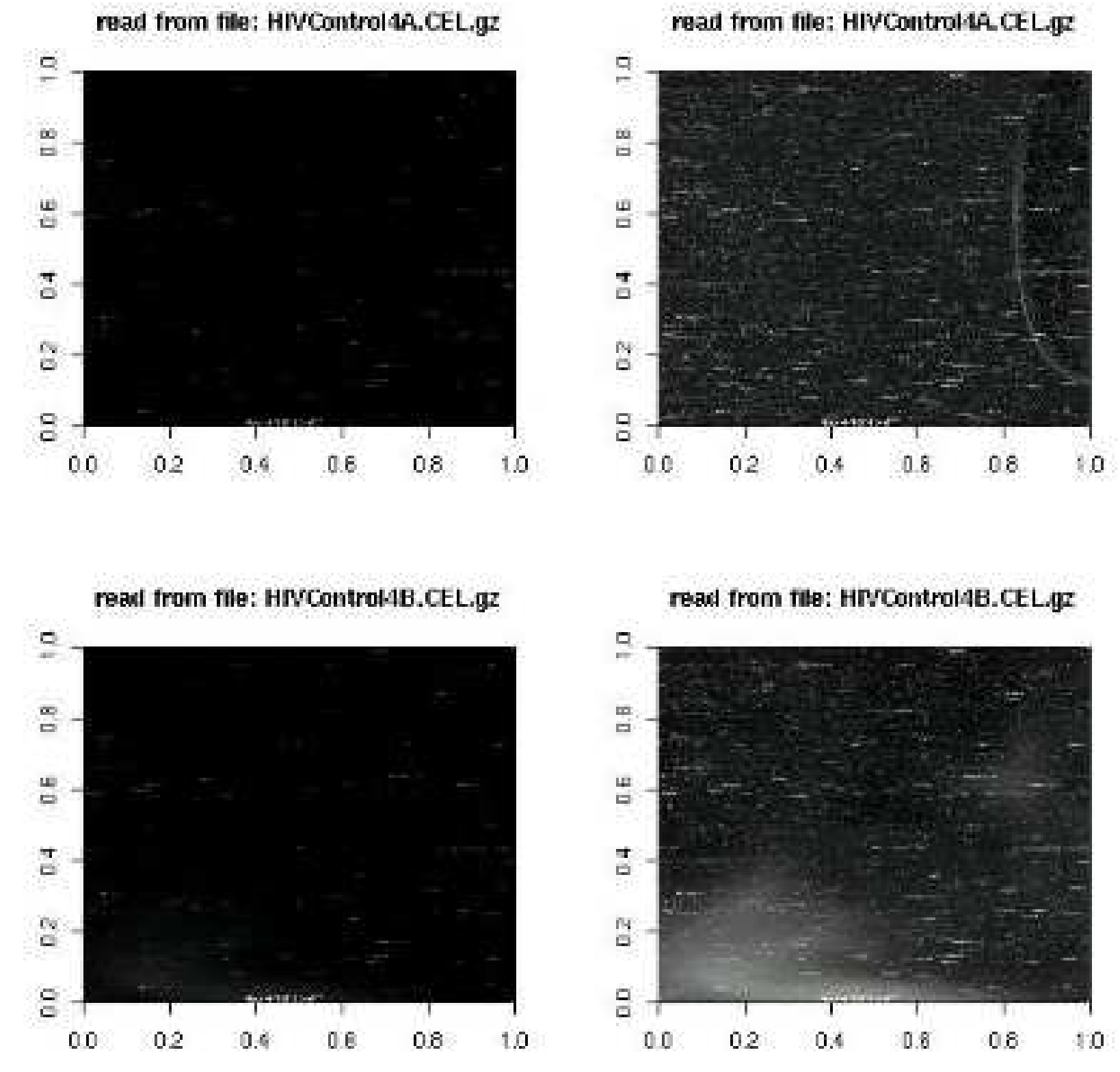 Imágenes de cuatro microarrays de Affymetrix